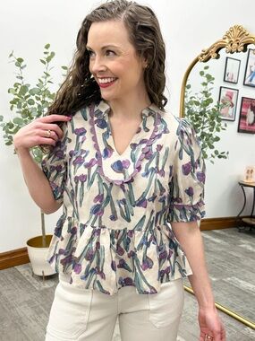 fab'rik Cream Purple and Green Floral Peplum Puff Sleeve Blouse Size L